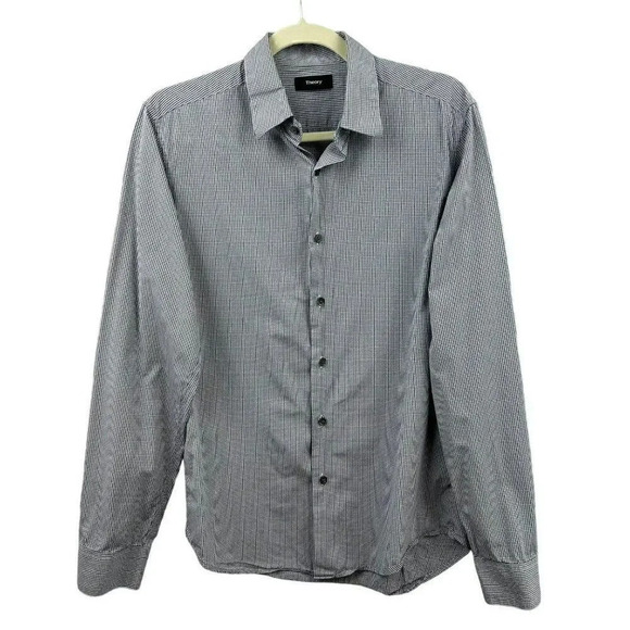 Theory Button Front Shirt, Sylvain Style, Long Sleeves, Black, Gray Check, Small - Picture 1 of 9